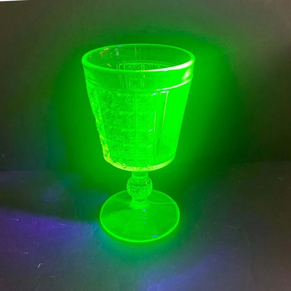 Vaseline Glass Goblet Yellow Green Star Panel Pattern Depression Glass
